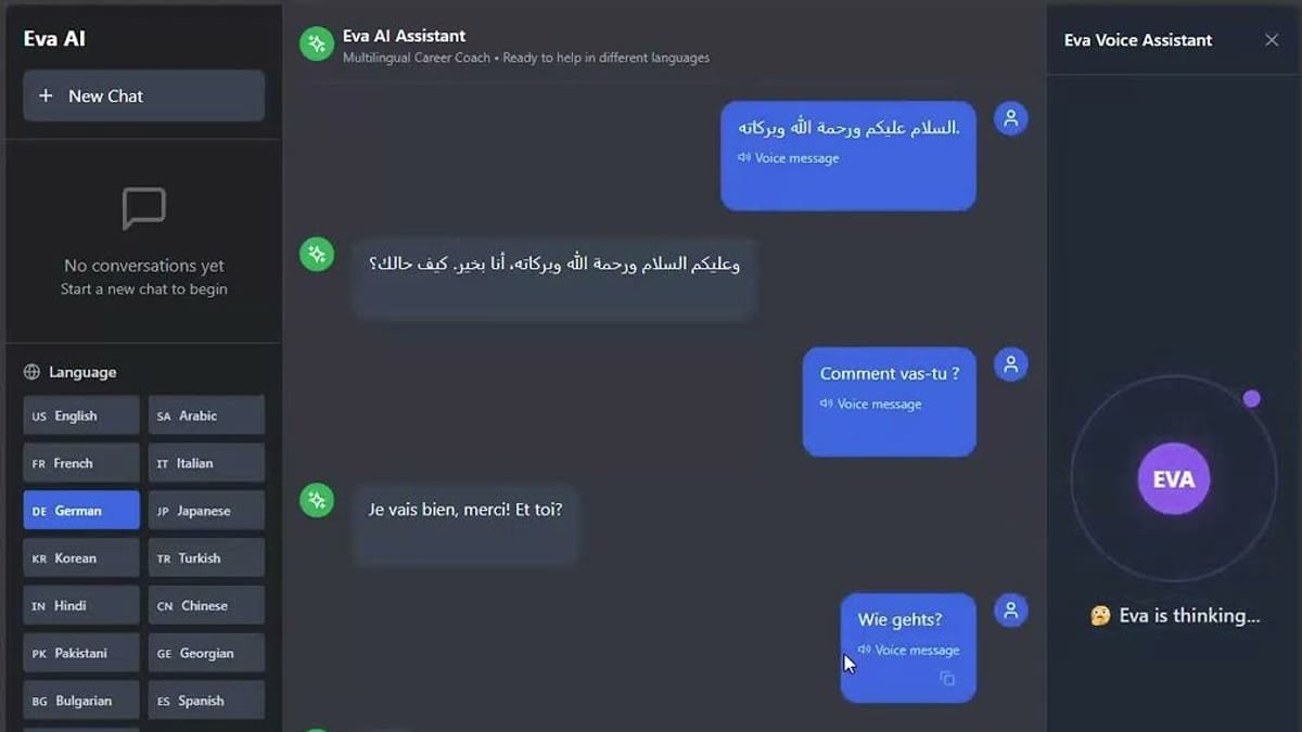 Eva Live Language Assistant interface